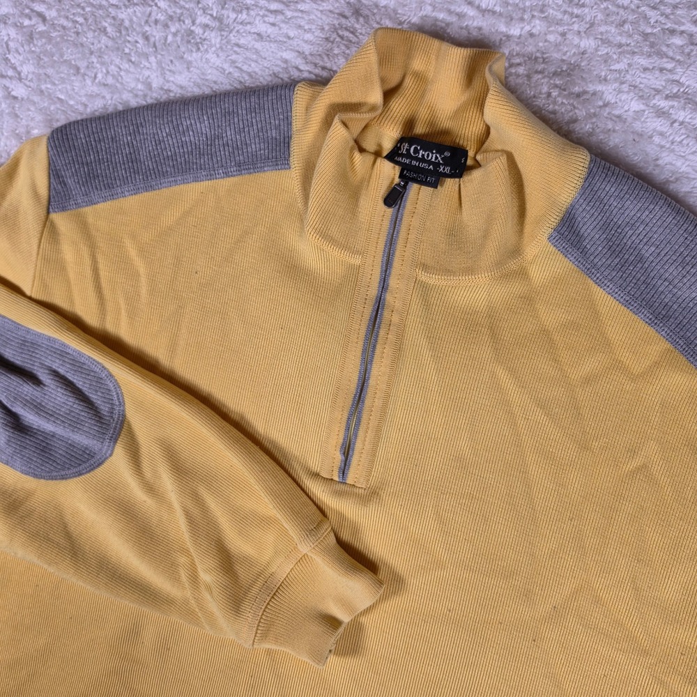 St. Croix 1/4 zip Pullover Mens XXL Yellow Grey L/S Elbow Patches Fashion Fit
